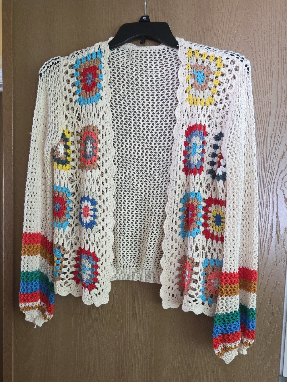 Cream Crochet Cardigan NWOT with Multicolor Granny Squares...size Lg.